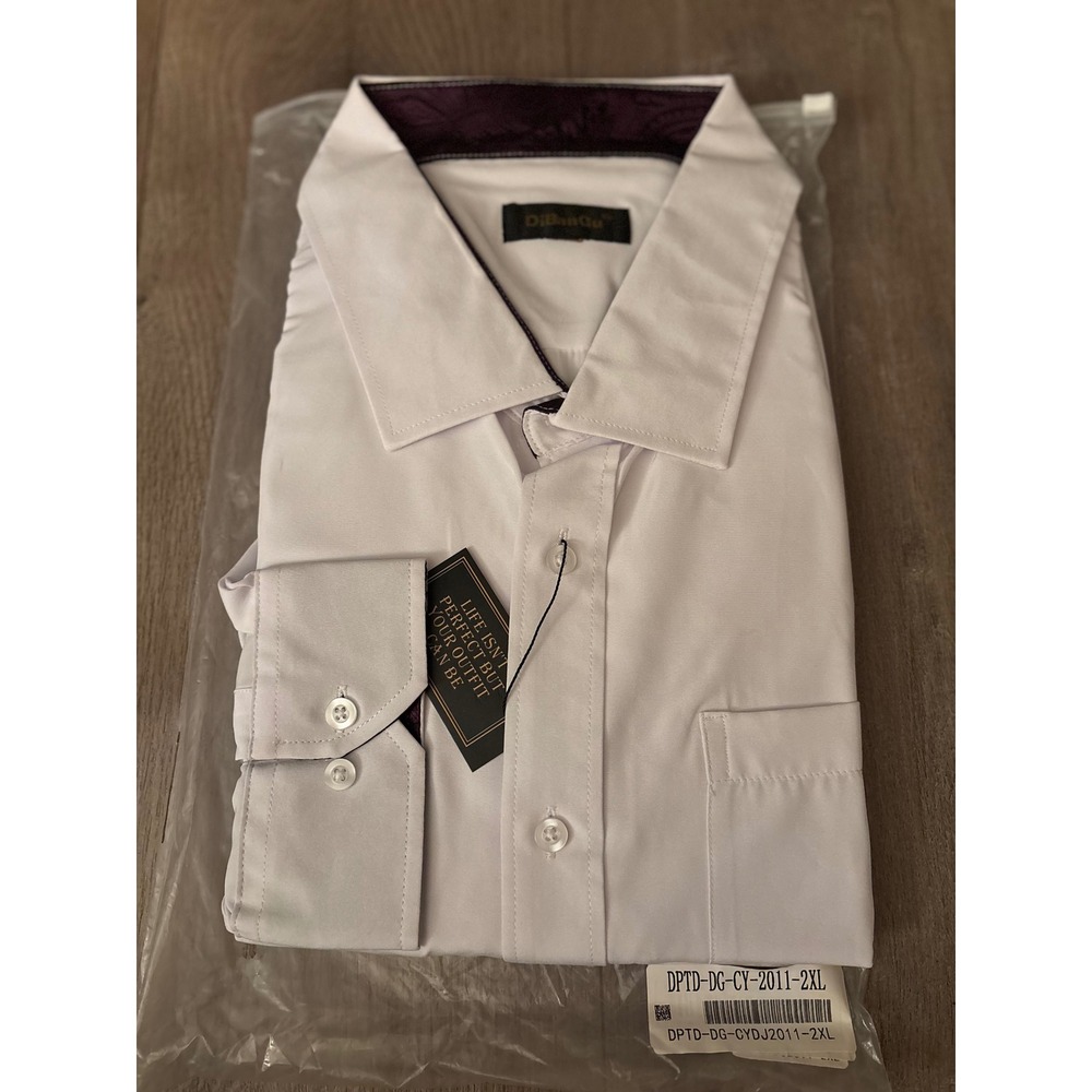 DiBanGu Mens Dress Shirt White Purple Paisley Contrast Button Down 2XL New